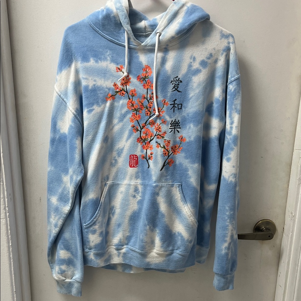 Blue Tie-Dye Hoodie with Floral Embroidery
